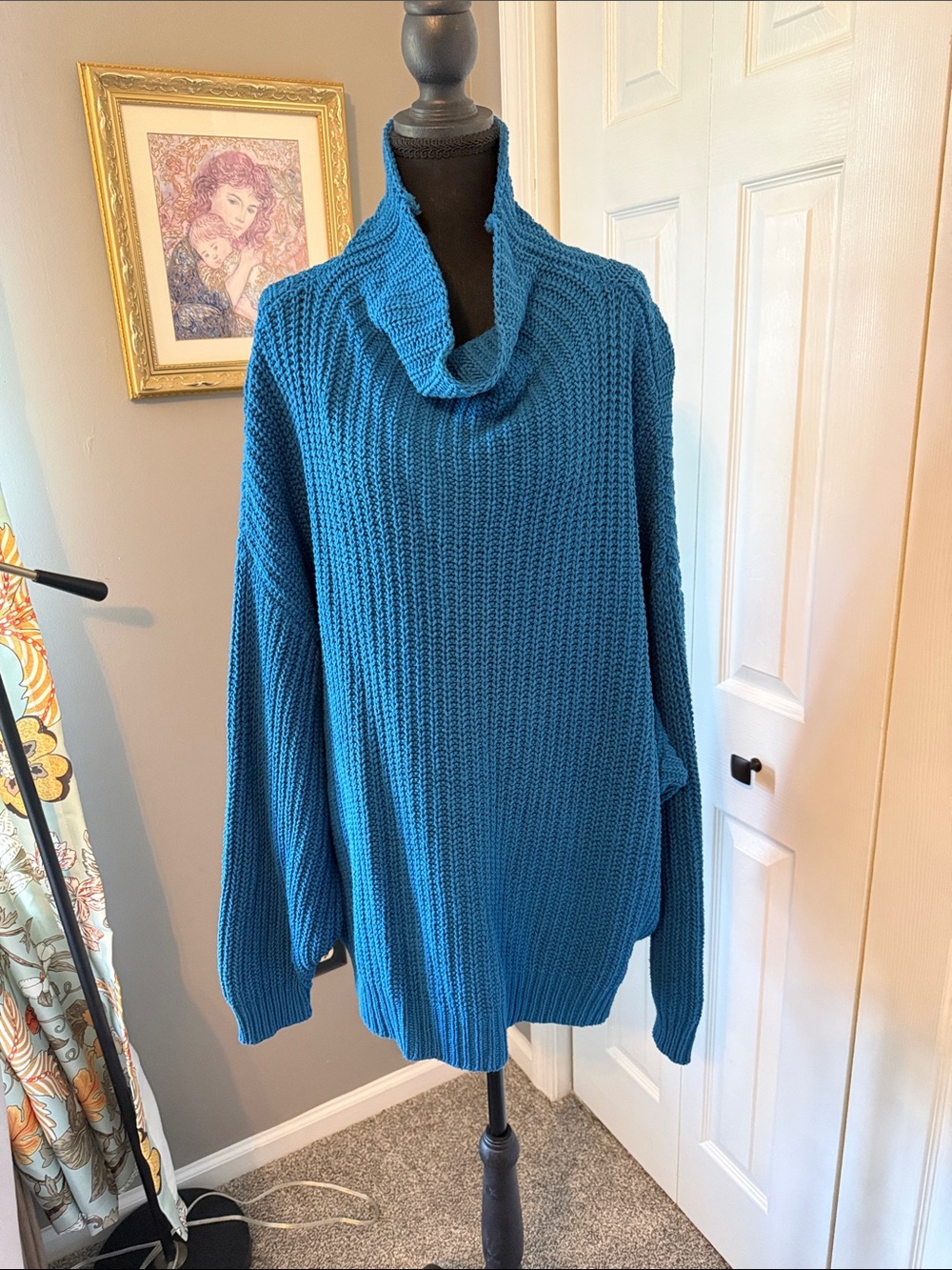 Free People Teal Cowl Neck Knit Sweater